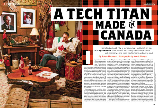 Tearsheet with the title "A Tech Titan Made in Canada" featuring a man sitting in a Canadian-themed room shot by Vancouver-based portrait photographer Kamil Bialous