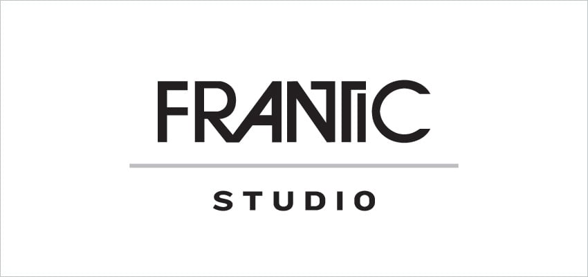 First round designs for Frantic's logo showing a bold logo containing their name and a line separating Frantic and Studio.