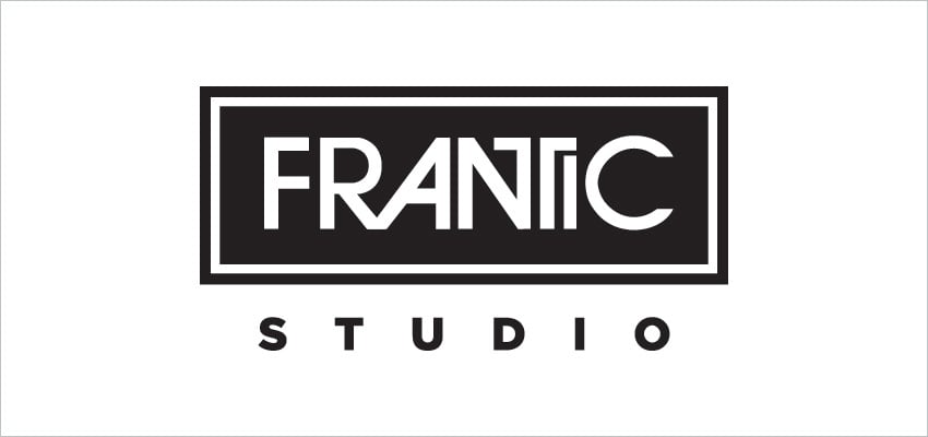 First round designs for Frantic's logo showing a bold logo in black with the word Frantic in white and the word Studio below it.
