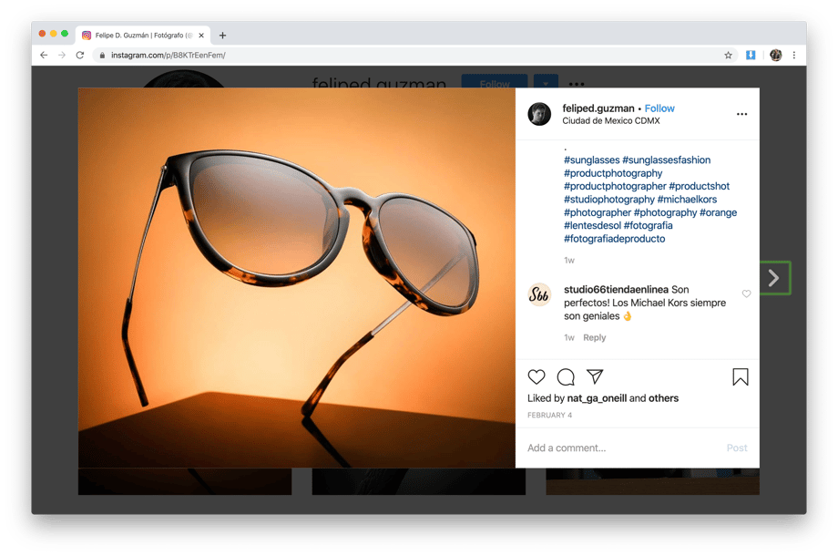 Screenshot of a photo of sunglasses from Felipe Guzmán's Instagram.