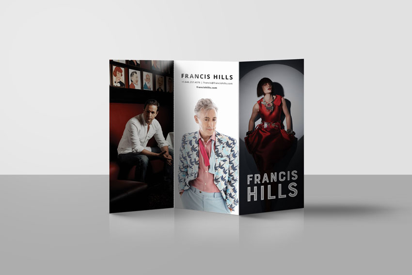 Francis Hills trifold promotion featuring his celebrity portraiture.