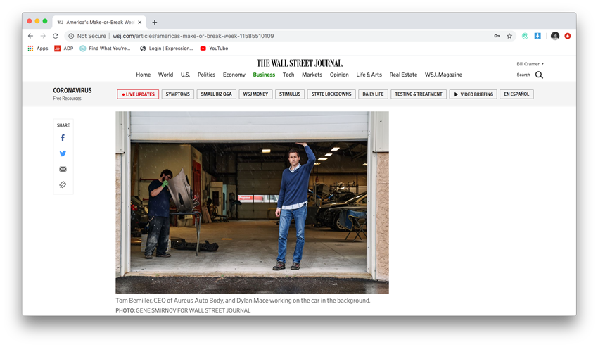 Online tear by Gene Smirnov of Tom Bemiller, CEO of Aureus Autobody, standing in a garage entrance as featured on the Wall Street Journal website.