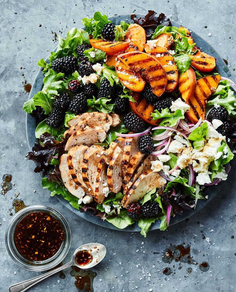 Maria Lichty's next salad offers grilled peaches, blackberries, and chicken served over greens in this photo by Colin Price