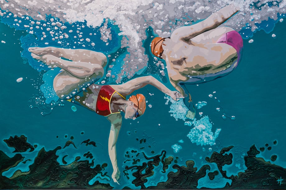 Heather Perry's underwater painting of her image of two swimmers underwater for subjects.