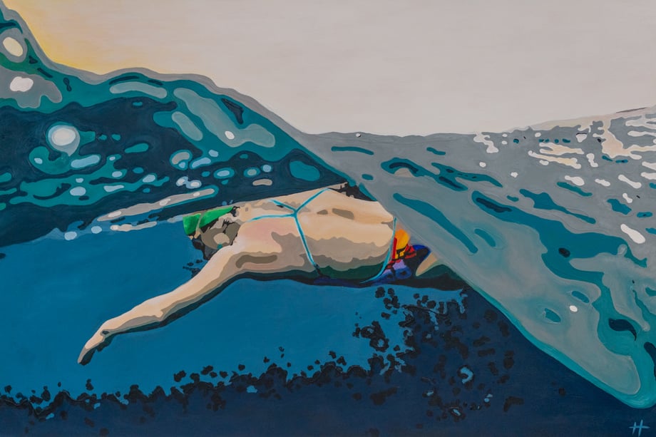 Heather Perry's underwater painting of the swimmer doing the breastroke half in and half out of the water