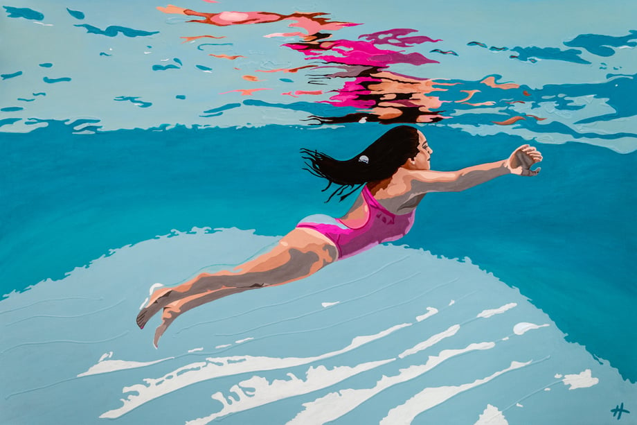 Heather Perry's underwater painting of a girl in a pink bathing suit rising to the surface, her reflection shining down on her