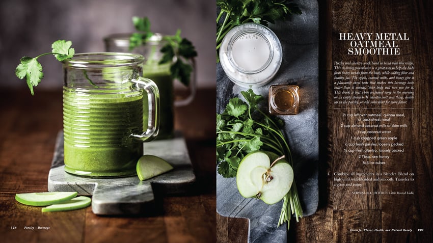 Jena Carlin's shots of a green smoothie and an apple inside the cookbook
