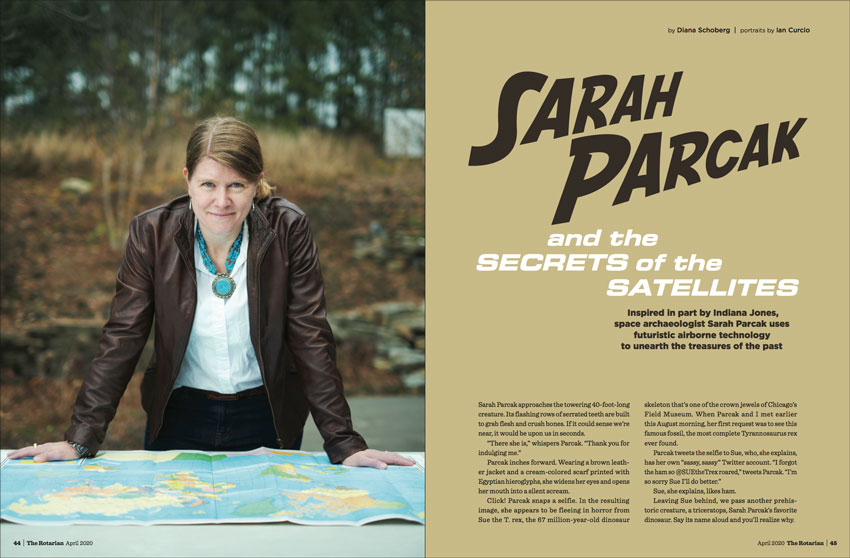 Photo by Ian Curcio for Rotarian Magazine of Space Archeologist Sarah Parcak in her Indiana Jones get up