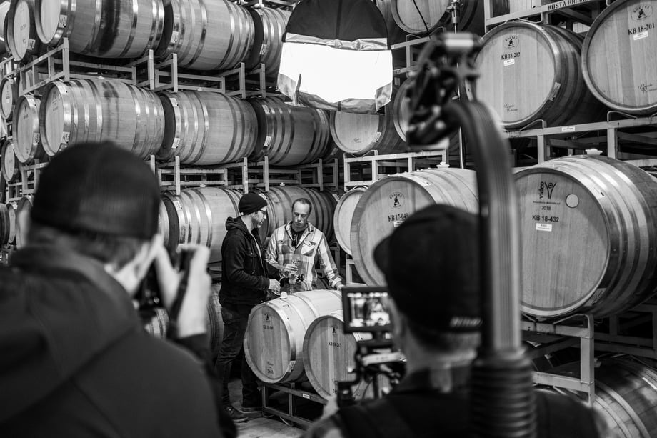 Rachid's crew shoot Mike and Nico amidst KB wine barrels