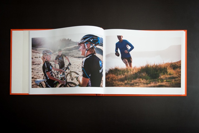 Image within Mike Tittel's portfolio book of three cyclists standing and a man running