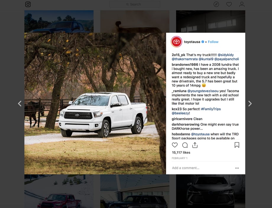 Photo of a Toyota Tundra driving down a country road as featured on Toyota's Instagram profile.