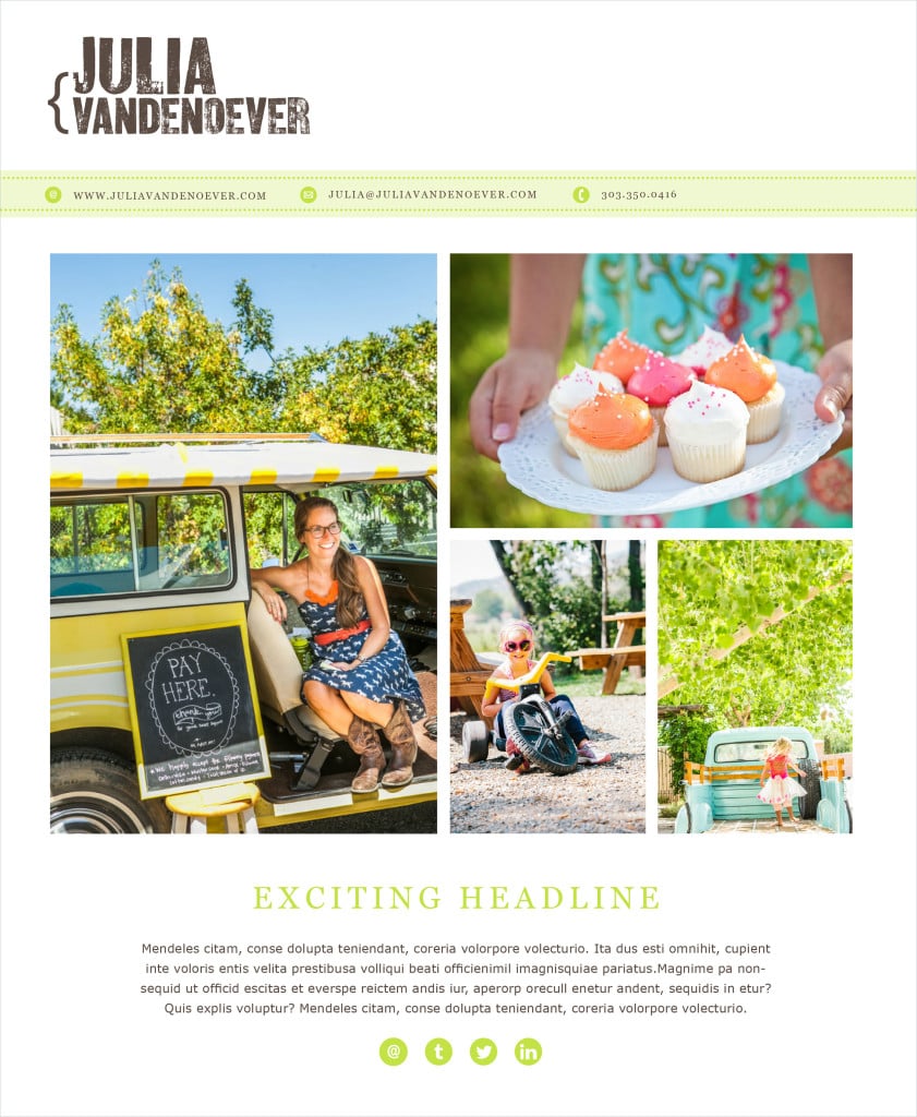 The first round of emailer options featuring lifestyle and kids photography by Julia Vandenoever.