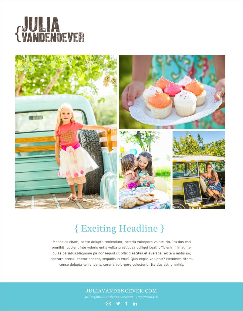 The first round of emailer options featuring lifestyle and kids photography by Julia Vandenoever.