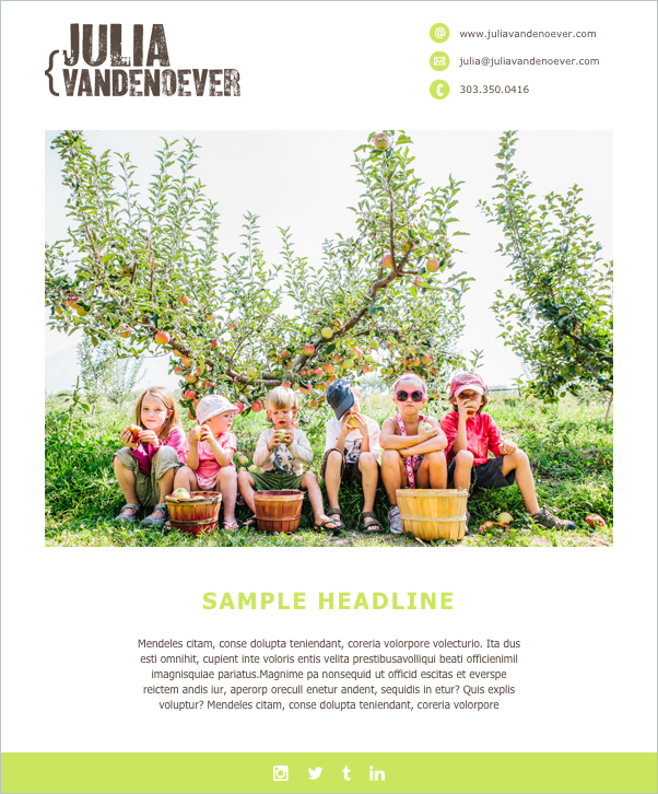 Julia's final emailer design featuring a photo of children sitting in an apple patch.