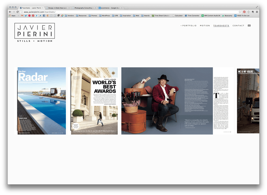 Javier’s new site's tearsheets and client list.