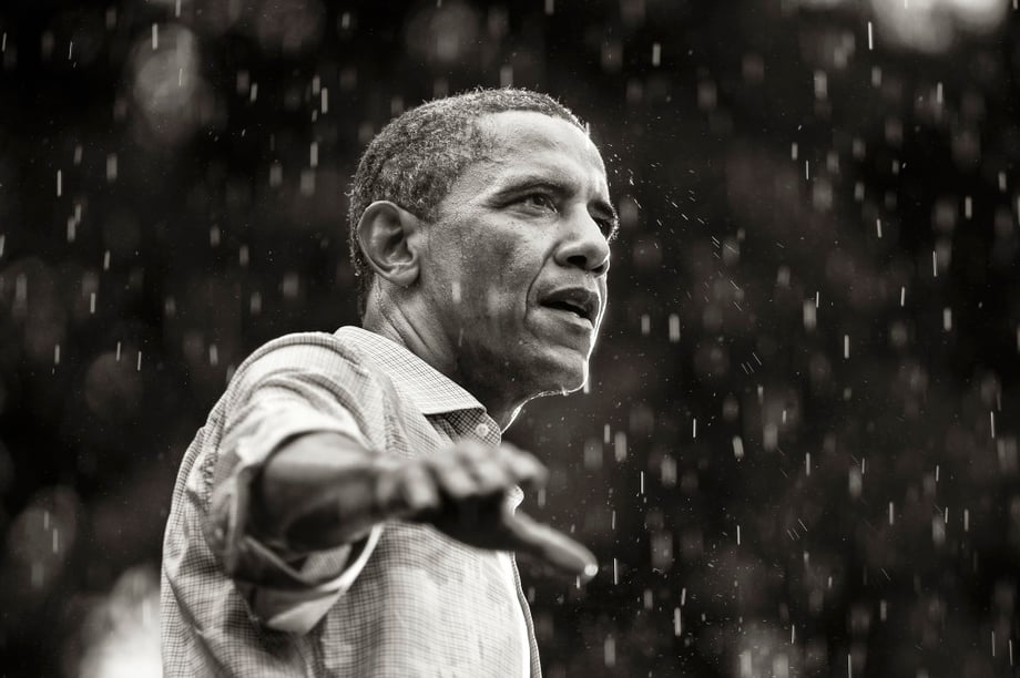 Award-winning black and white photograph of Former President Barack Obama campaigning in Glenn Allen, Virginia.