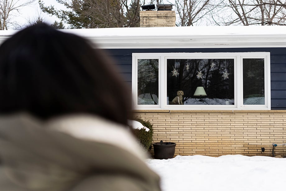 Karen Olivo's dog watches through the window. Photographed by Lauren Justice for The New York Times. 