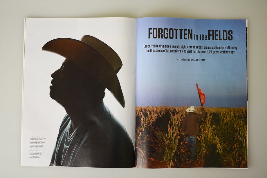 Tear sheet from The Texas Observer where Dana Ullman uncovers the personal struggles of the farm workers subjected to labor trafficking.