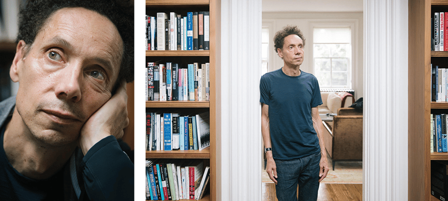 Two side by side images of Malcolm Gladwell deep in thought in his New York office.