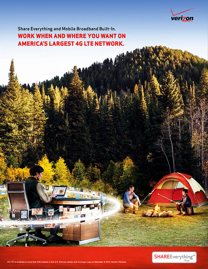Tearsheet showing a woman and child  roasting marshmallows with a man nearby on a computer with images flying around him shot by Salt Lake City-based adventure photographer Mike Tittel 