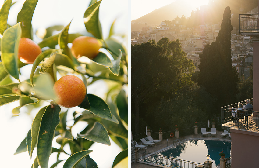 two side-by-side images by Matt Dutile in Sicily. On the left, oranges and leaves; on the right, a couple watches the sun rise on their balcony
