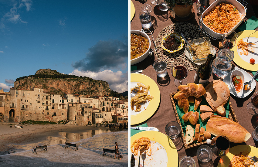 landscape photo of a beach (left) food photography showing a dinner scene (right)