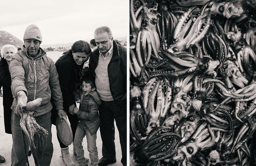 portrait of a family on a beach, holding a squid (left) next to an image of a pile of squid