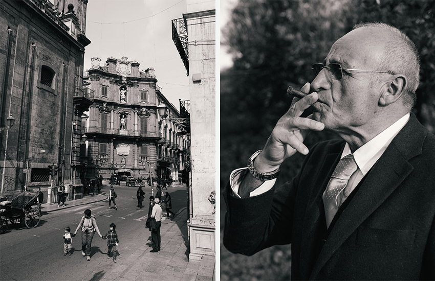 two side-by-side black and white images. Left, a woman walks down the street holding two young kids' hands. Right. a man takes a drag from a cigar