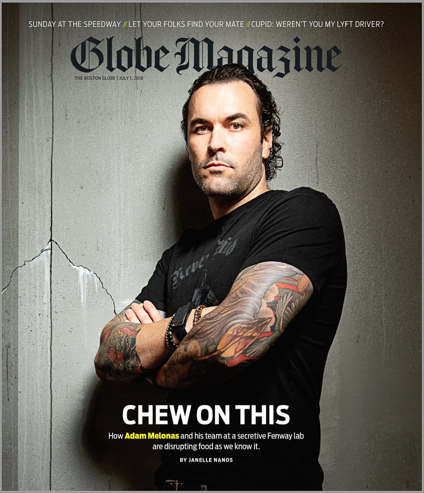 Tear sheet of the cover of the Boston Globe Sunday magazine featuring Adam Melonas photographed by Webb Chappell