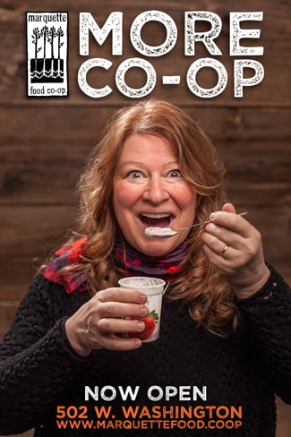 Marquette Co-Op promo featuring Josh LeClair photo of a woman with yogurt