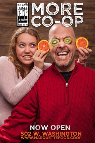Marquette Co-Op promo featuring Josh LeClair photo of two people playing around with orange and kiwi slices