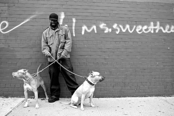 Photograph by Lou Bopp of a man with two pit bulls