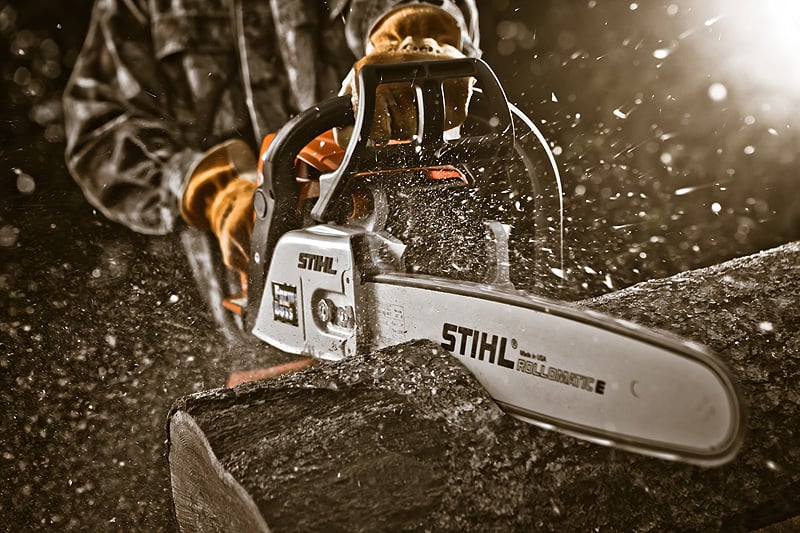 STIHL chainsaw in action shot by St Louis-based industrial photographer John Fedele