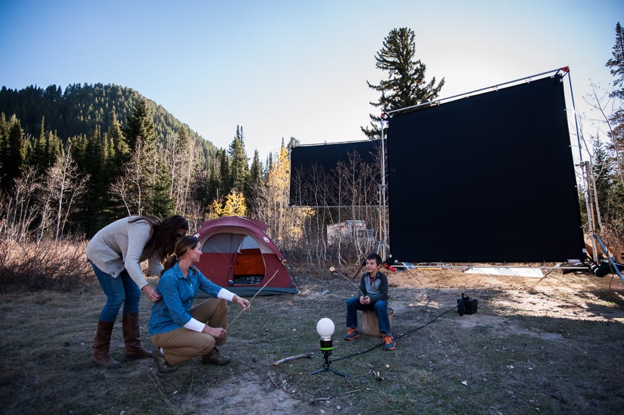 Behind the scenes, a woman and child prepare their positions for the shoot shot by Salt Lake City-based adventure photographer Mike Tittel for Verizon