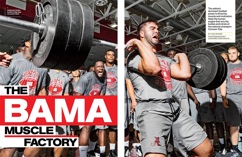 A Crimson Tide football player lifts heavy barbells  in a tearsheet by Giacomo Fortunato 