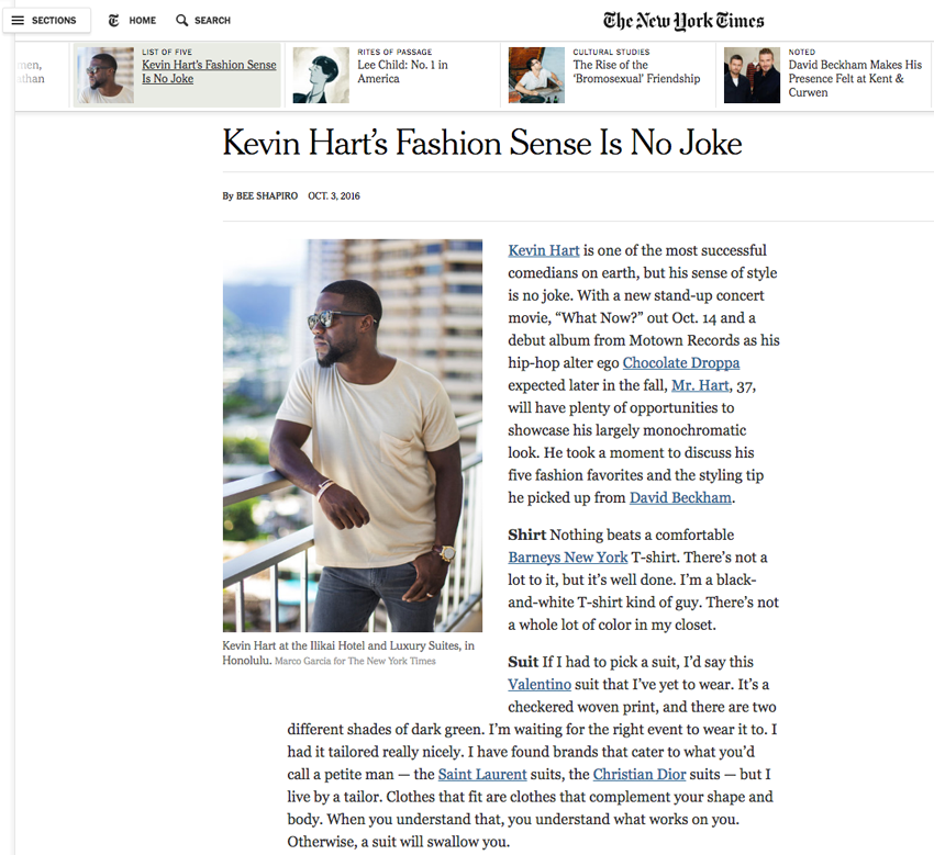 Tear sheet from the New York Times featuring photographer Marco Garcia's photos of comedian Kevin Hart.