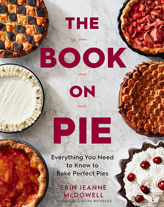 Mark Weinberg photograph of six different pies on the cover of the book on pies by Erin McDowell