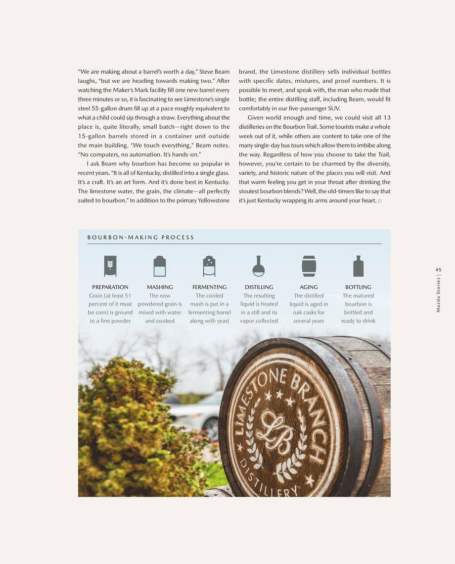 A barrel of bourbon with an infographic of the bourbon making process is shown in this tear sheet 
