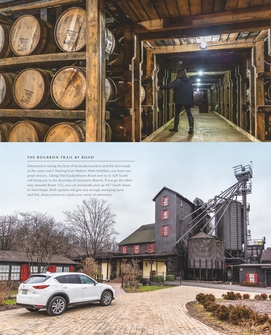 This tear sheet shows Matthew Allen's photos: top is barrels of bourbon on shelves, bottom is exterior shot of distillery with a mazda