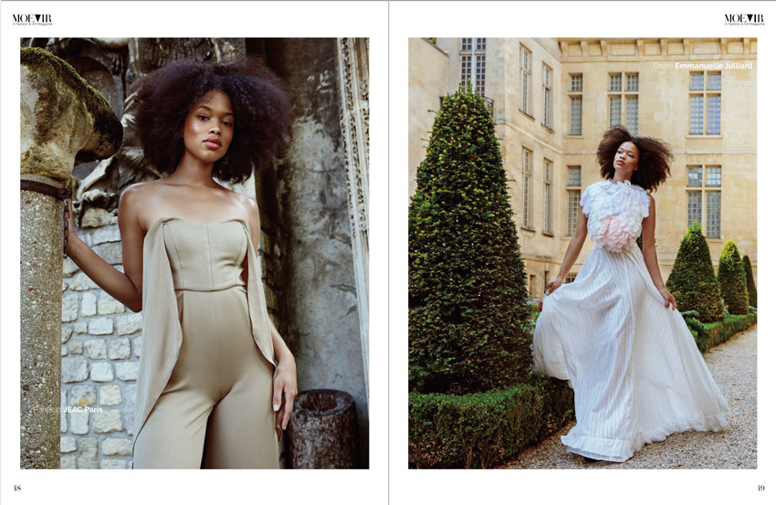 Michael Higgins' spread for Moevir shows Shanaelle (L) in a tan jumpsuit by a wall and (R) in a white dress in a courtyard