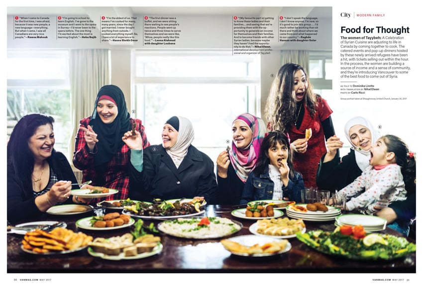 Tear sheet of Tayybeh women celebrating with Syrian cuisine shot by photographer Carlo Ricci.