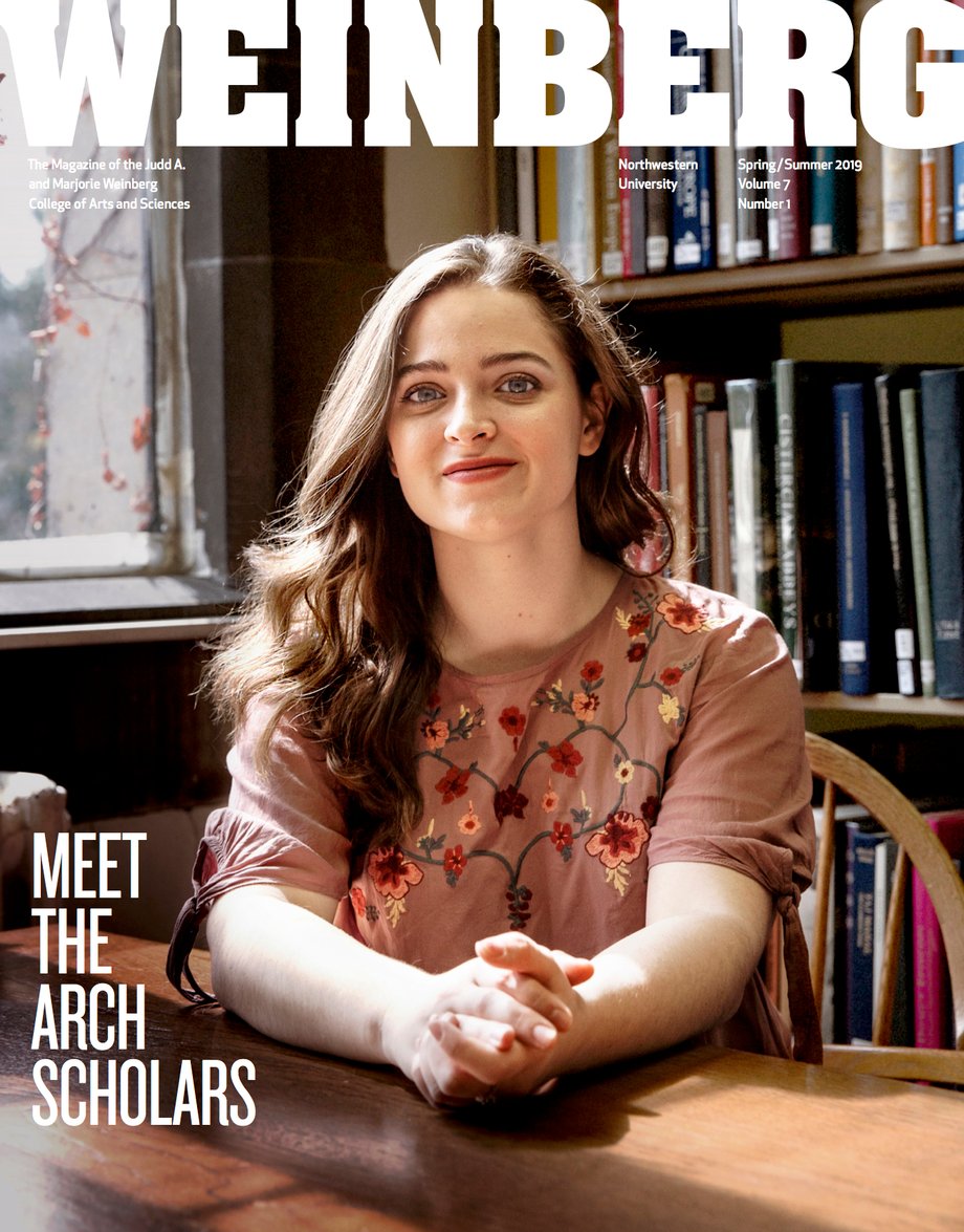 Tear of Northwestern's magazine, Weinberg, with Kyle Monk's cover photo of Sydney and caption "Meet the Arch Scholars"