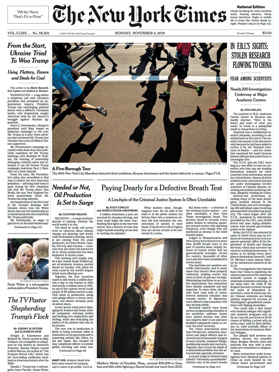 Ben Norman's New York marathon shot of runners in motion on the front page of The New York Times
