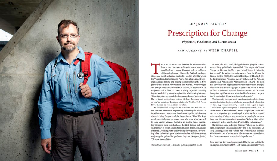 Tear sheet from Orion magazine showing Webb Chappell's portrait of Dr. Harris with his bag on his shoulder