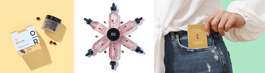 Jessica Ebelhar's work for Onyx and Rose. (L) CBD supplements, (C) bottles of pink CBD oil (R) close-up of a brochure 