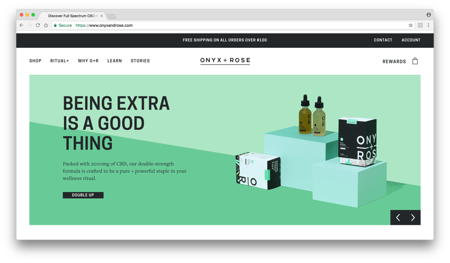 Screen shot of the Onyx & Rose website shows Jessica Ebelhar's photos of CBD products
