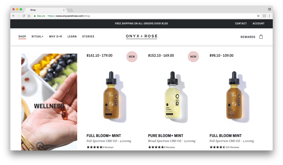 The shop page on the Onyx + Rose website shows three varieties of CVD oil for sale