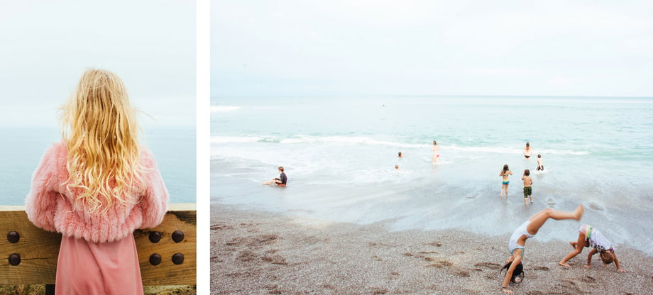 Two side by side photos by Helynn Ospina of children playing and looking out at the Pacific Ocean.