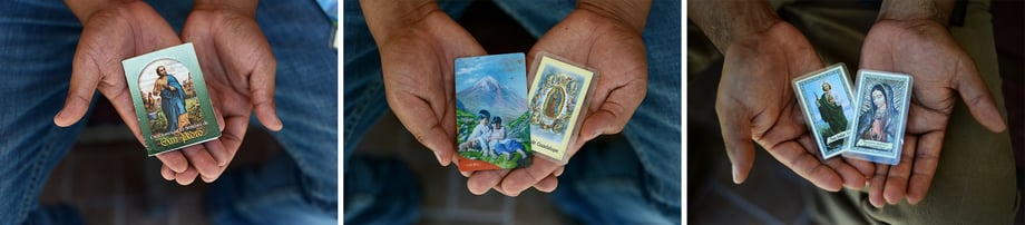 Dana Ullman photographs prayer cards in the hands of farm workers for The Texas Observer.