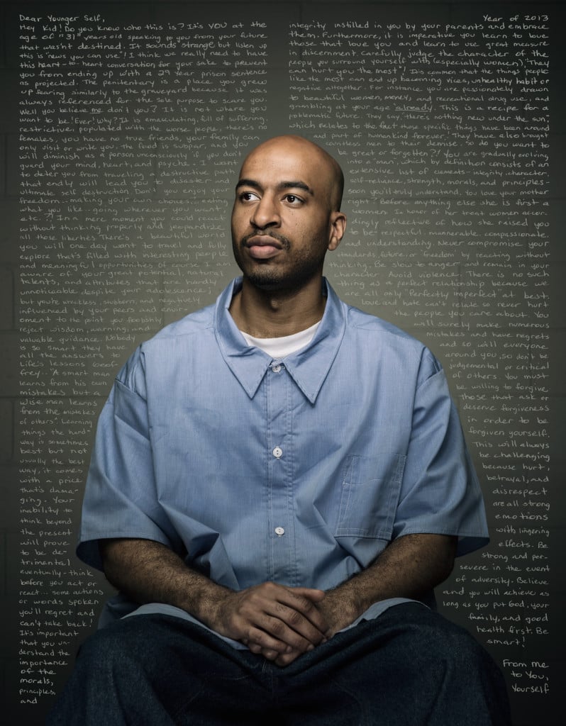 Boston-based architectural and interior photographer Trent Bell's project “Reflect” overlays large-scale portraits of inmates in the Maine prison system on top of handwritten letters by the convicts, penned to their younger selves. 